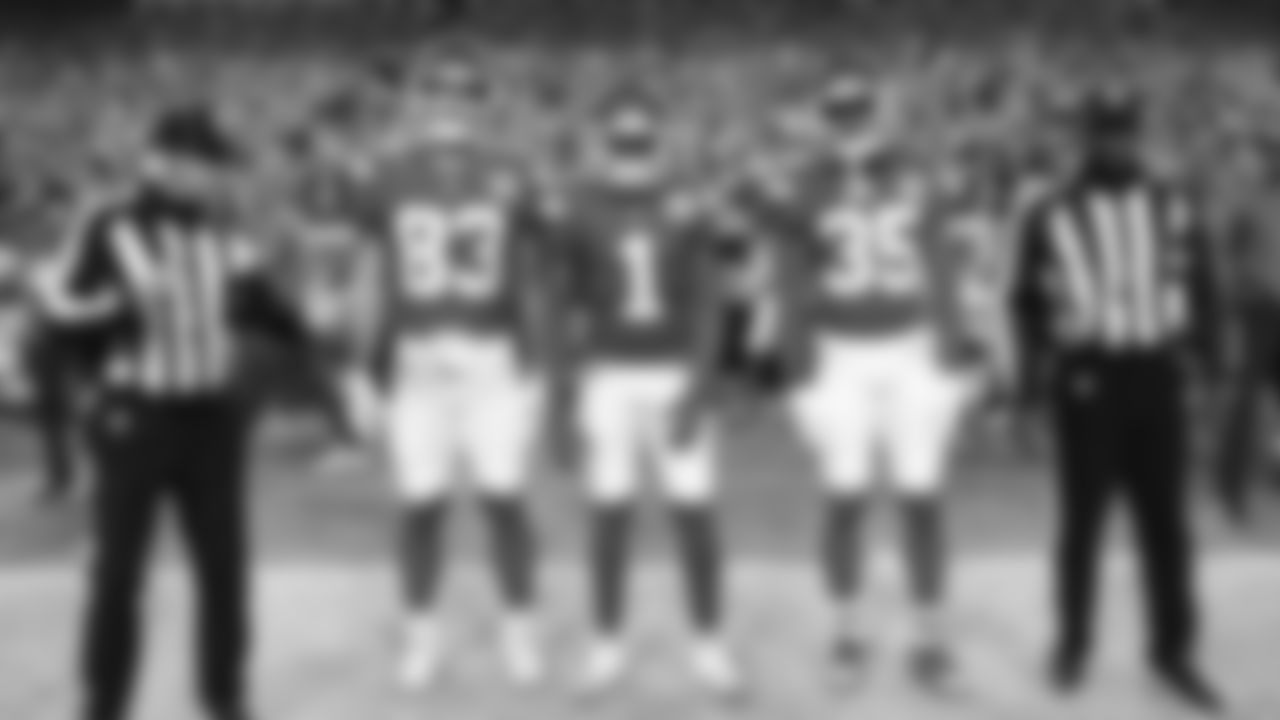Team captains tight end Noah Gray (83), wide receiver Xavier Worthy (1) and Kansas City Chiefs cornerback Jaylen Watson (35) prior to a week 8 NFL Football game against the Washington Commanders on Monday, October 27, 2025 in Kansas City, MO.