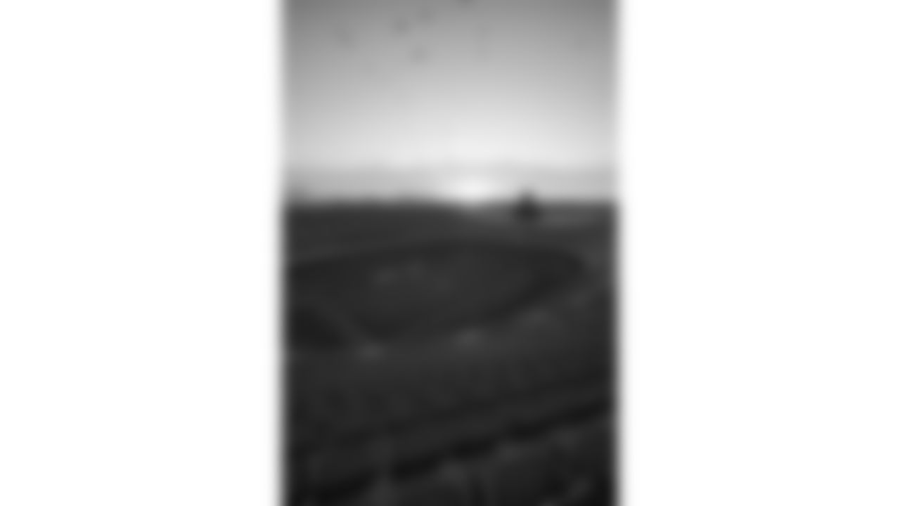 A wide, overhead view of the sunrise at GEHA Field at Arrowhead Stadium prior to a week 6 NFL football game between the Kansas City Chiefs and the Detroit Lions, Sunday, October 12, 2025 in Kansas City, MO.