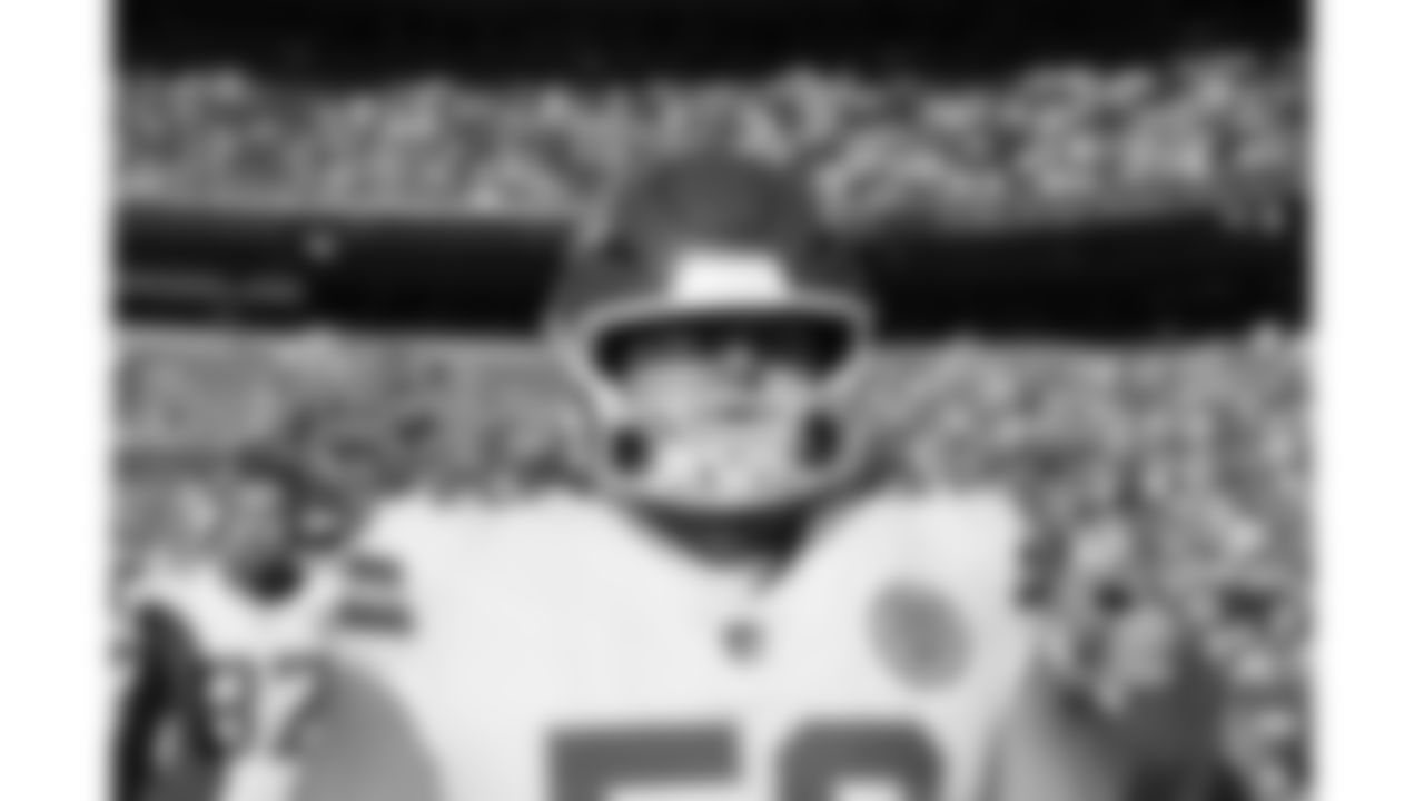 Kansas City Chiefs center Creed Humphrey (52) on the field prior to a week 11 NFL Football game against the Denver Broncos on Sunday, November 16, 2025 in Denver, Colorado.