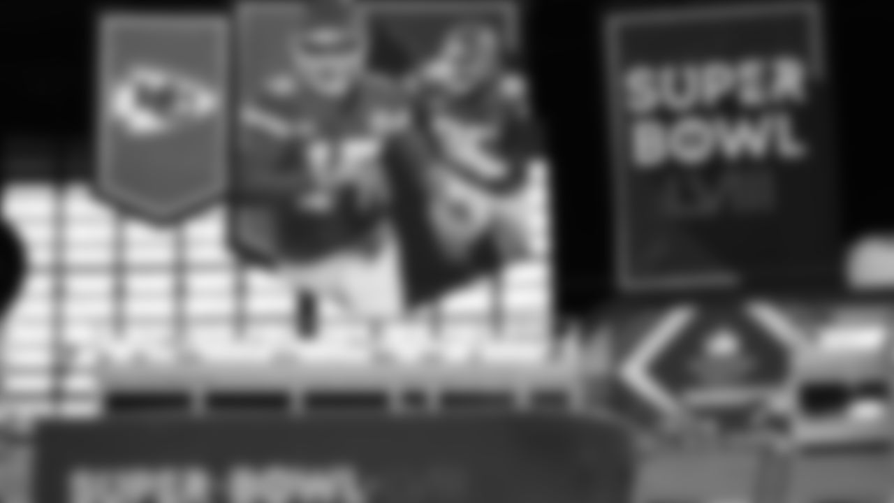 Kansas City Chiefs graphics hang inside Allegiant Stadium in Las Vegas, NV, on February 5, 2024.
