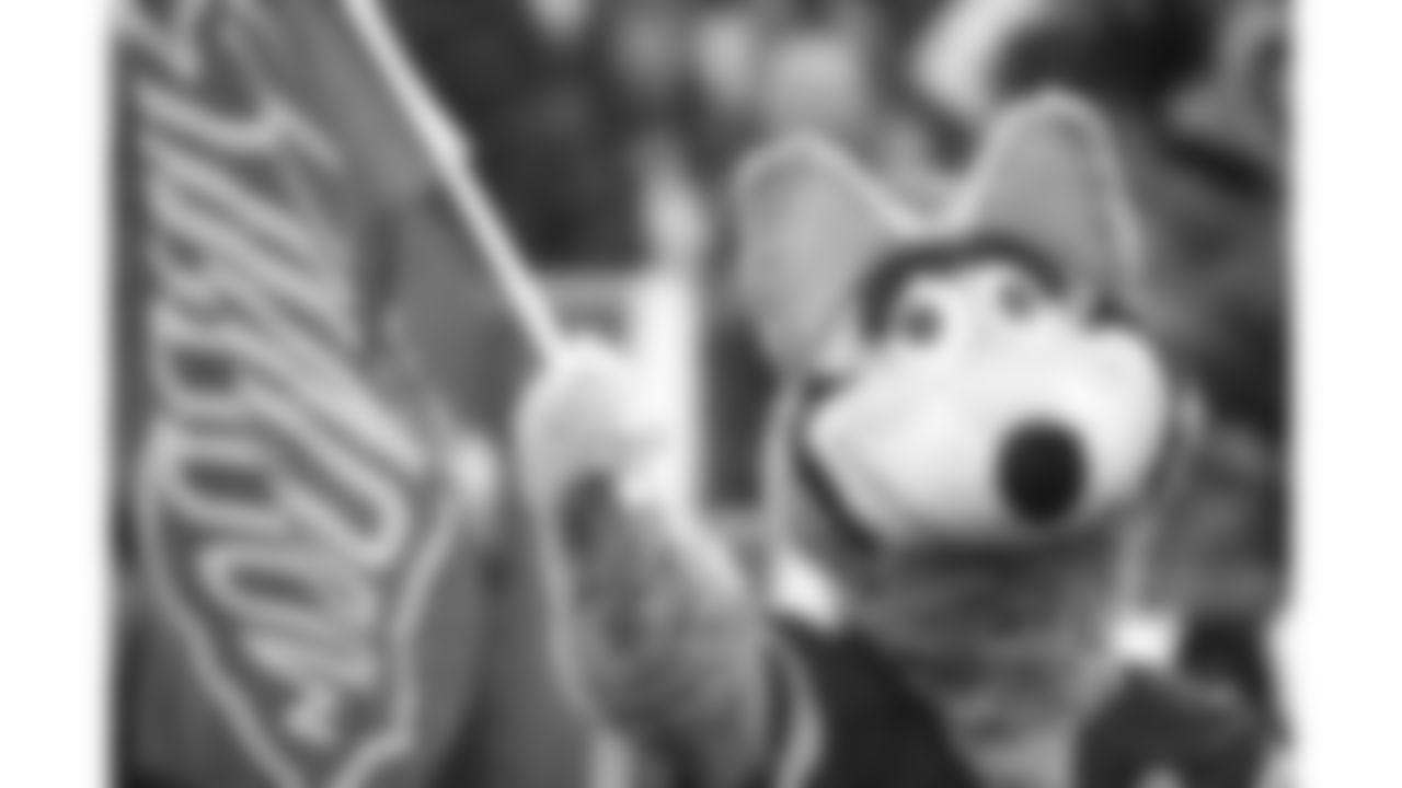 KC Wolf waves a flag during the Kansas City Chiefs vs. Indianapolis Colts Divisional Playoff Game at Arrowhead Stadium on January 12, 2019.
