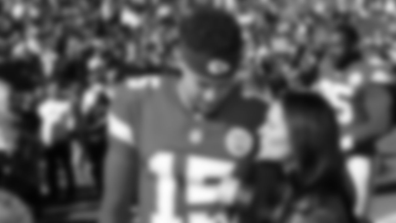 Kansas City Chiefs quarterback Patrick Mahomes (15) speaks with CBS prior to a week 7 NFL Football game against the Las Vegas Raiders on Sunday, October 19, 2025 in Kansas City, MO.
