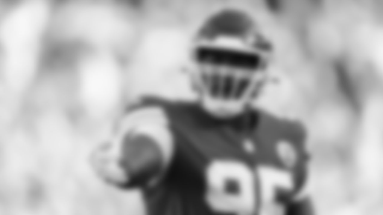 Kansas City Chiefs defensive tackle Chris Jones (95) celebrates during a week 12 NFL Football game against the Indianapolis Colts on Sunday, November 23, 2025 in Kansas City, MO