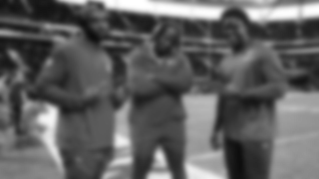 Kansas City Chiefs defensive end Felix Anudike-Uzomah (97), offensive tackle Wanya Morris (64) and defensive end Truman Jones (57) prior to the Week 9 NFL football game against the Miami Dolphins on Sunday, November 5, 2023 in Frankfurt, Germany.