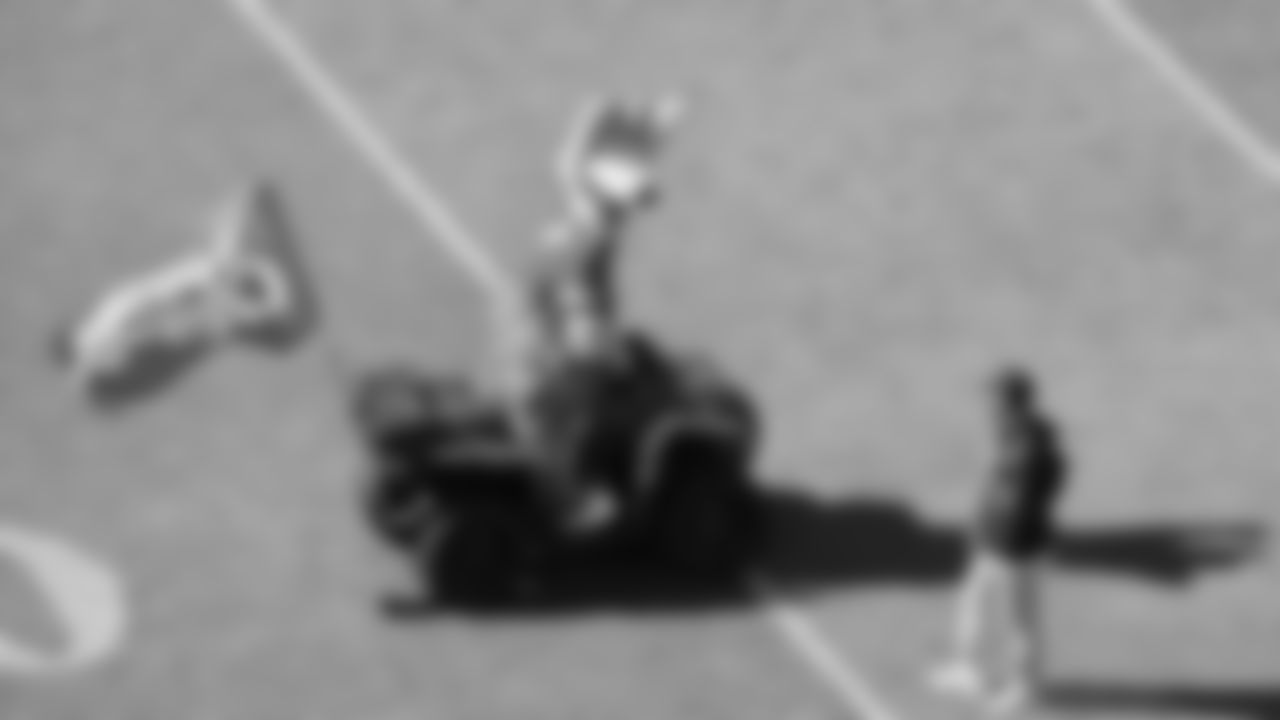 KC Wolf drives the KC Wolfmobile during a week 7 NFL Football game against the Las Vegas Raiders on Sunday, October 19, 2025.