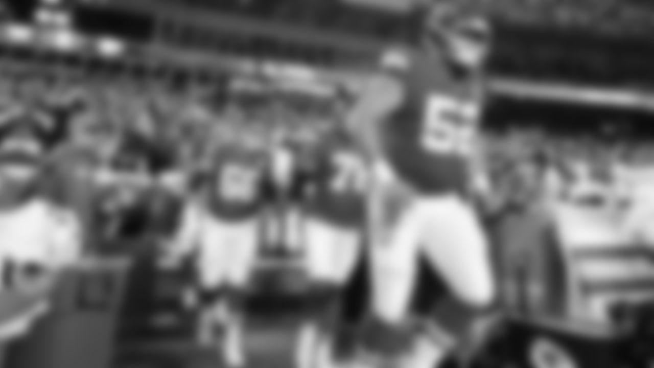 Offensive lineman Mike Caliendo (66), tackle Kingsley Suamataia (76) and Kansas City Chiefs center Creed Humphrey (52) run onto the field prior to a week 8 NFL Football game against the Washington Commanders on Monday, October 27, 2025 in Kansas City, MO.