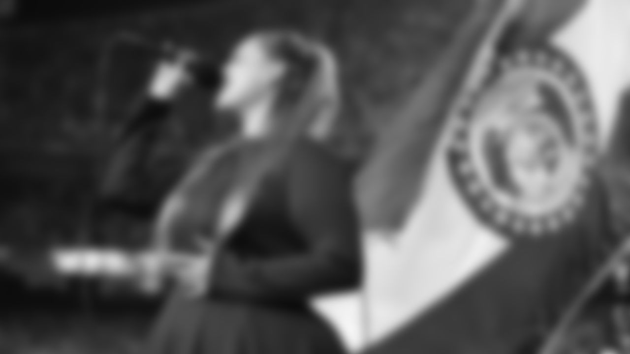Grace Kinstler sings the National Anthem prior to a week 6 NFL Football game against the Detroit Lions on Sunday, October 12, 2025 in Kansas City, MO.