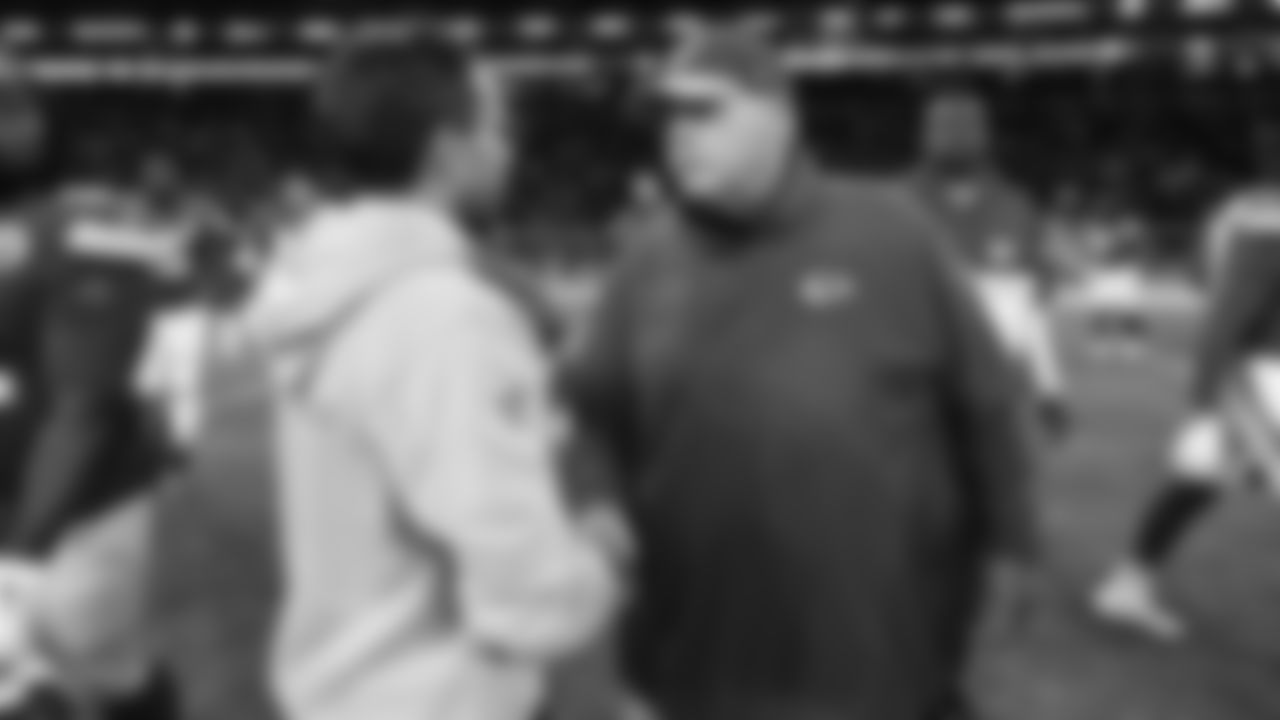 Kansas City Chiefs Head Coach Andy Reid shakes hands with Miami Dolphins head coach Mike McDaniel after the week nine NFL football game against the Miami Dolphins, November 5, 2023 in Frankfurt, Germany.