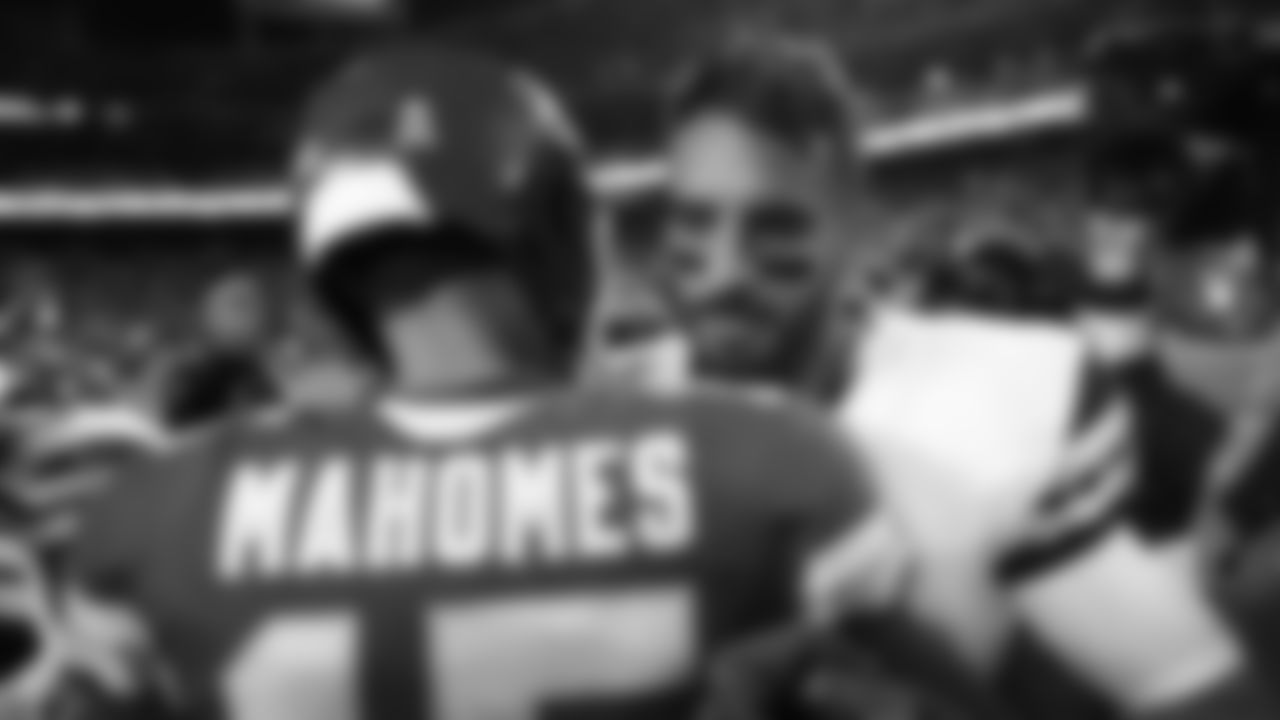Kansas City Chiefs quarterback Patrick Mahomes (15) talks with Washington Commanders quarterback Marcus Mariota (8) after a week 8 NFL Football game against the Washington Commanders on Monday, October 27, 2025 in Kansas City, MO.