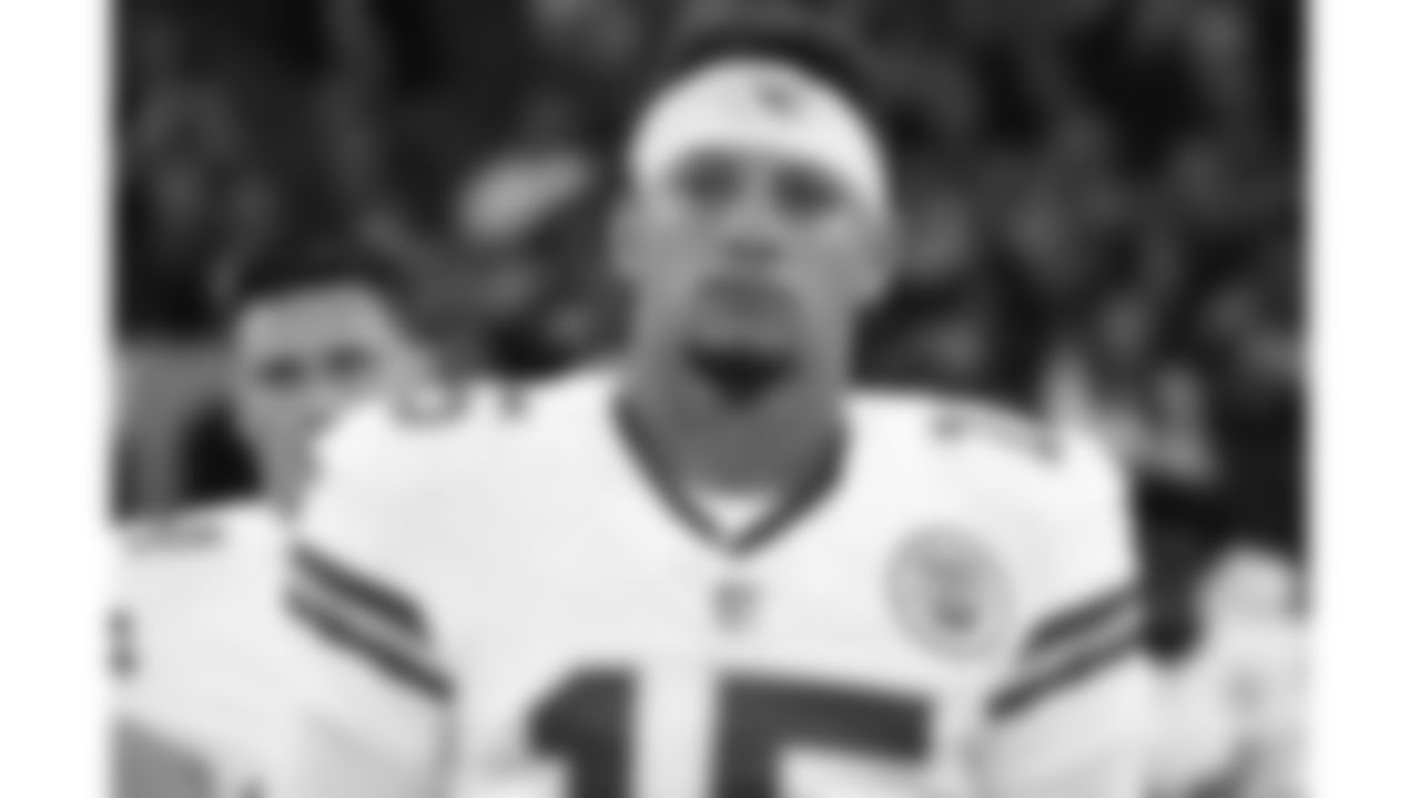 Kansas City Chiefs quarterback Patrick Mahomes (15) during the national anthem prior to a week 1 NFL football game against the Los Angeles Chargers at Arena Corinthians in São Paulo, Brazil on September 5, 2025.