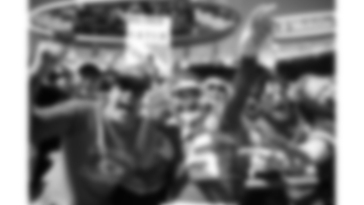 Kansas City Chiefs wide receiver Hollywood Brown (5) jumps into the stands to celebrate his touchdown with the fans during a week 7 NFL football game against the Las Vegas Raiders, Sunday, October 19, 2025 in Kansas City, MO.