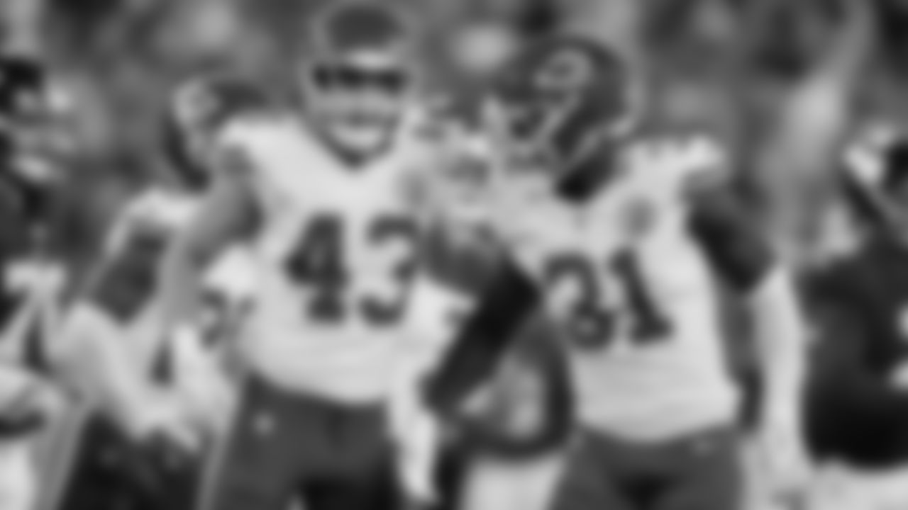 Kansas City Chiefs linebackers Jack Cochrane (43) and Jeffery Bassa (31) celebrate during a week 3 NFL Football game against the New York Giants on Sunday, September 21, 2025 at MetLife Stadium in East Rutherford, New Jersey.