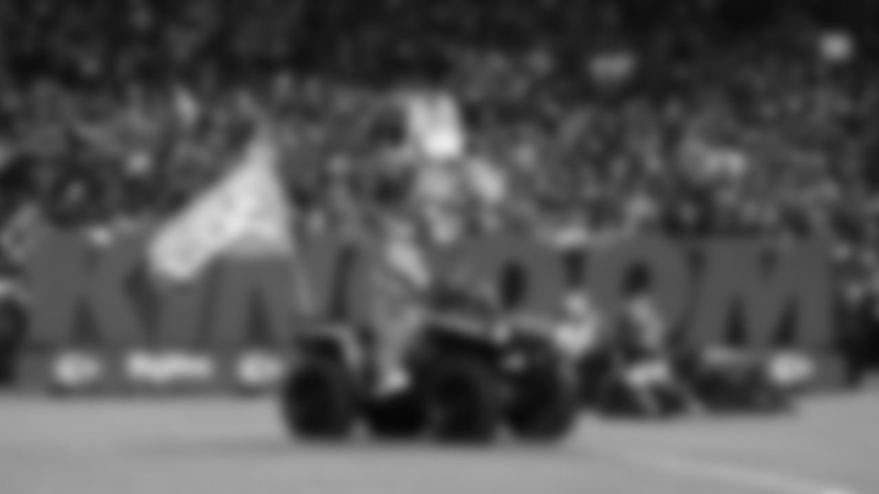 KC Wolf enters the field prior to a week 14 NFL Football game against the Houston Texans on Sunday, December 7, 2025 in Kansas City, MO.