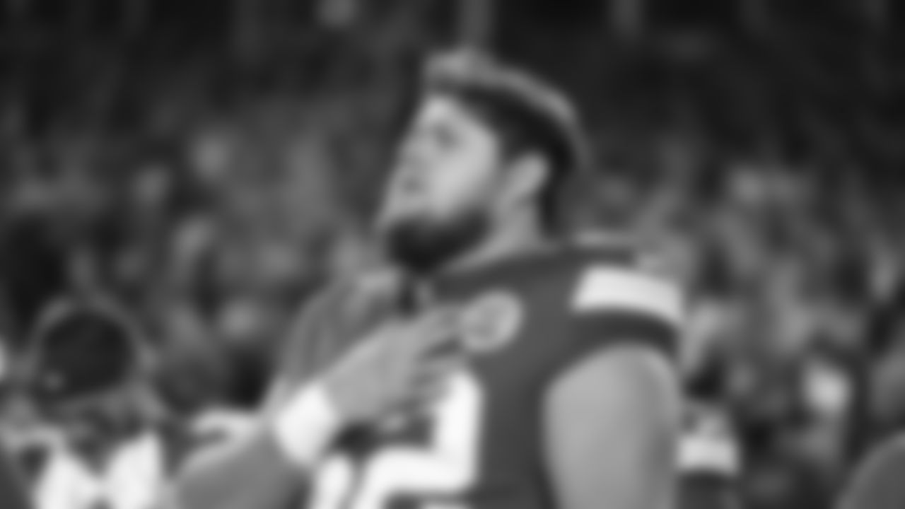 Kansas City Chiefs center Creed Humphrey (52) during the National Anthem prior to an NFL week 14 matchup against the Houston Texans, Sunday December 7, 2025.