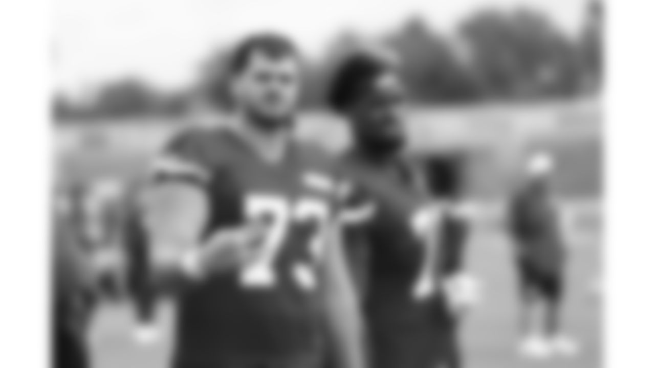 Kansas City Chiefs offensive lineman Dalton Cooper (73) and tackle Josh Simmons (71) during day 4 of training camp practice on Friday, July 25, 2025.
