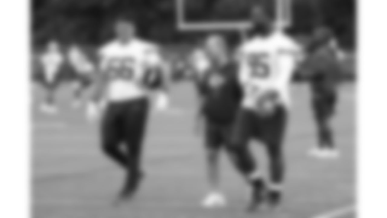 Kansas City Chiefs defensive end George Karlaftis (56), defensive tackle Chris Jones (95) and Defensive Coordinator Steve Spagnuolo during phase 3 of OTAs on Wednesday June 18, 2025 in Kansas City, MO.