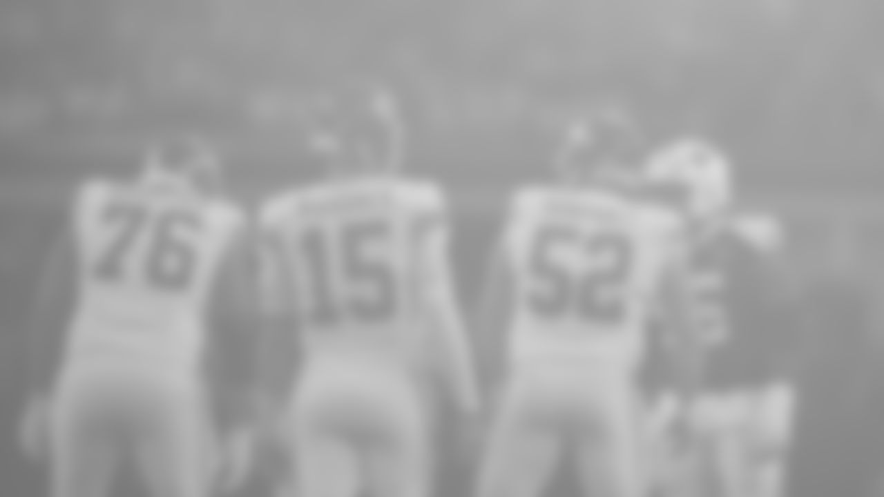 Kansas City Chiefs tackle Kingsley Suamataia (76), quarterback Patrick Mahomes (15) and center Creed Humphrey (52) on the field during a week 13 NFL Football game against the Dallas Cowboys on Thursday, November 27, 2025 in Dallas, Texas.