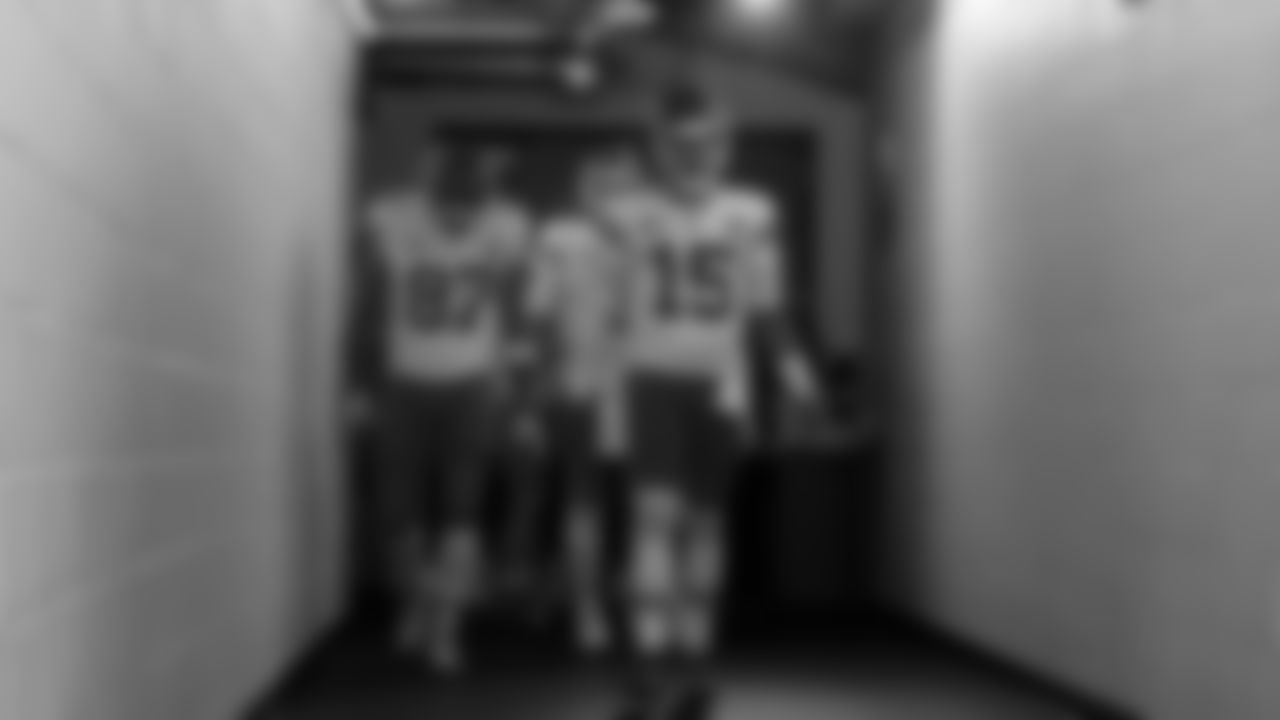 Kansas City Chiefs quarterback Patrick Mahomes (15) and teammates walk out of the locker room prior to the regular season Week 12 NFL Football Game at Allegiant Stadium in Las Vegas, NV on Sunday, November 26, 2023.