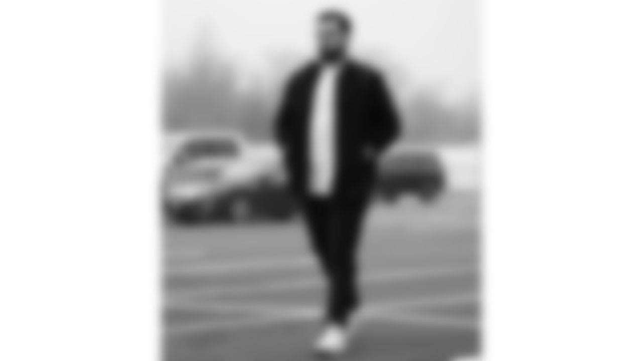 Kansas City Chiefs offensive lineman Mike Caliendo (66) arrives prior to a week 12 NFL Football game against the Indianapolis Colts on Sunday, November 23, 2025 in Kansas City, MO