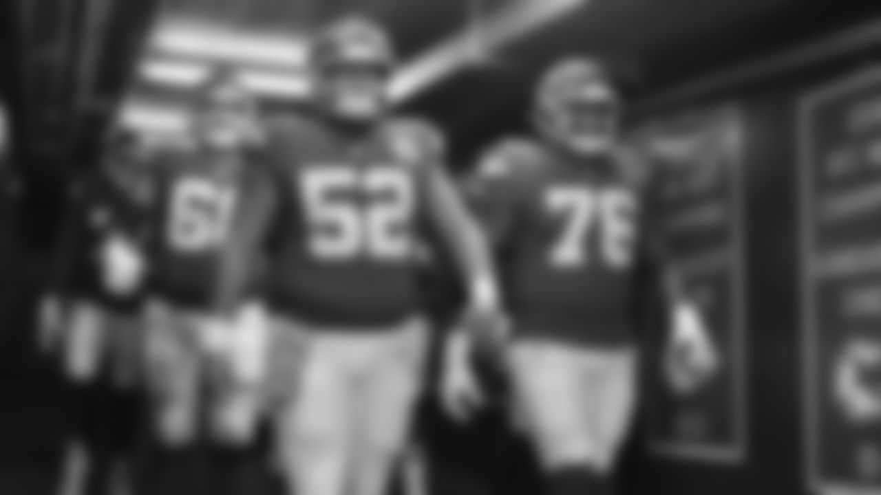 Offensive lineman Mike Caliendo (66), center Creed Humphrey (52) and Kansas City Chiefs tackle Kingsley Suamataia (76) in the tunnel prior to a week 8 NFL Football game against the Washington Commanders on Monday, October 27, 2025 in Kansas City, MO.