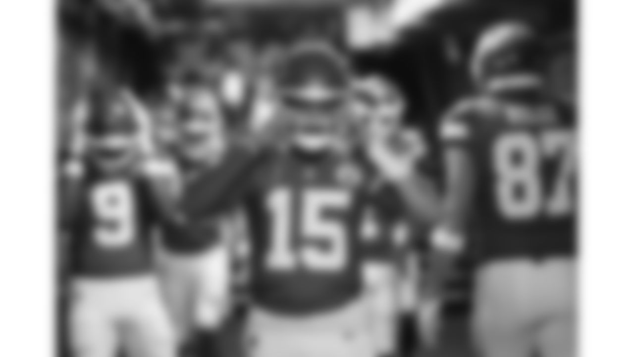 Kansas City Chiefs quarterback Patrick Mahomes (15) adjusts his helmet in the 50-yard tunnel prior to a week 12 NFL football game against the Indianapolis Colts, Sunday, November 23, 2025 in Kansas City, MO.