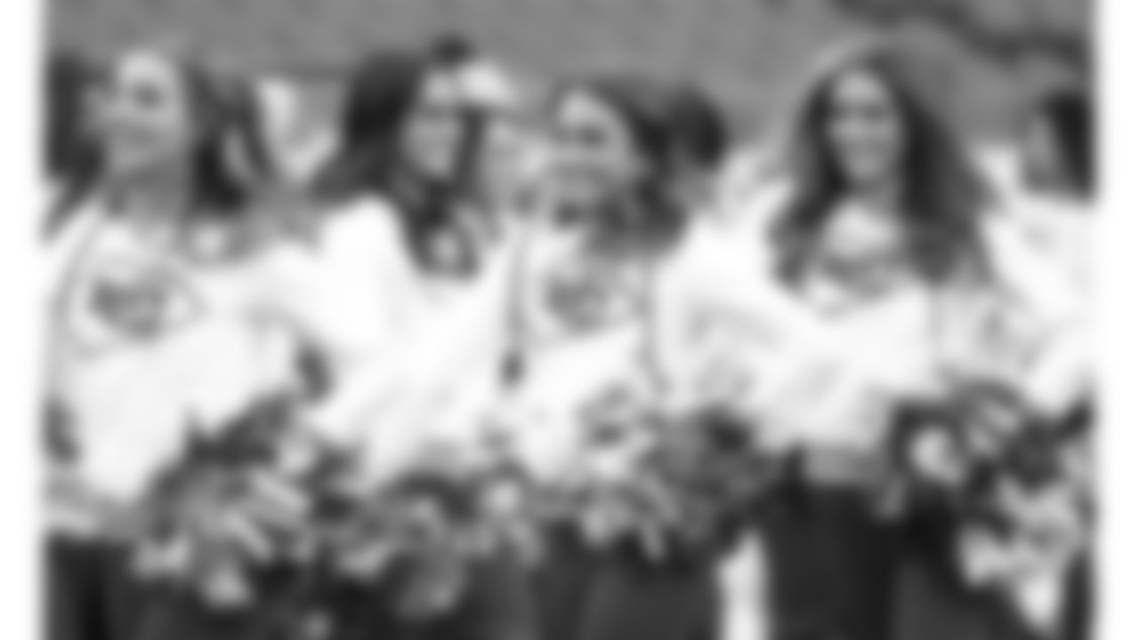 The Kansas City Chiefs Cheerleaders and Entertainment teams prior to a week 17 NFL Football game against the Denver Broncos on December 25, 2025 in Kansas City, MO.