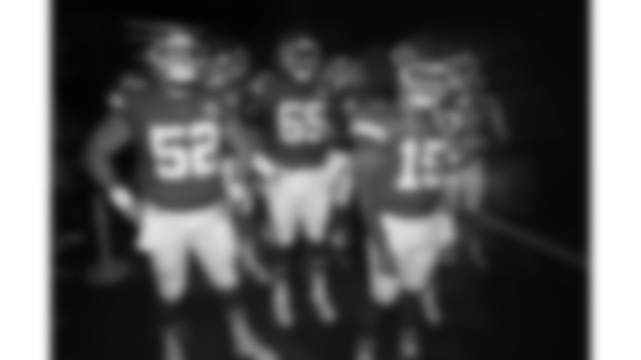 Kansas City Chiefs center Creed Humphrey (52), offensive lineman Trey Smith (65), and quarterback Patrick Mahomes (15) in the tunnel prior to a preseason week 3 NFL football game against the Chicago Bears, Friday, August 22, 2025 in Kansas City, MO.