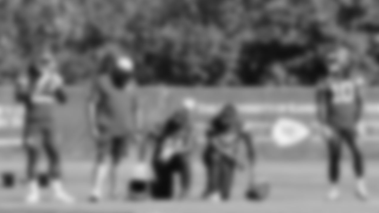 Kansas City Chiefs running back Kareem Hunt (29), Kansas City Chiefs running back Clyde Edwards-Helaire (44), Kansas City Chiefs running back Elijah Mitchell (25), and Kansas City Chiefs running back Isiah Pacheco (10) during practice on Thursday October 16, 2025 in Kansas City, MO.