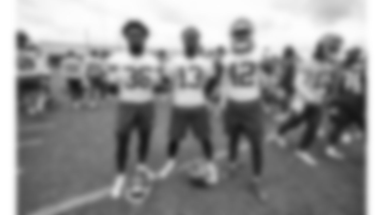 Kansas City Chiefs defensive back Kevin Knowles (38), safety Nazeeh Johnson (13), and safety Major Williams (42) during phase 3 of OTAs on Thursday, May 29, 2025 in Kansas City, MO.