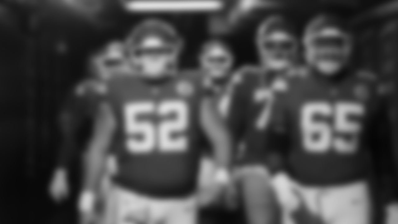 Center Creed Humphrey (52) and Kansas City Chiefs guard Trey Smith (65) in the tunnel prior to a week 6 NFL Football game against the Detroit Lions on Sunday, October 12, 2025 in Kansas City, MO.