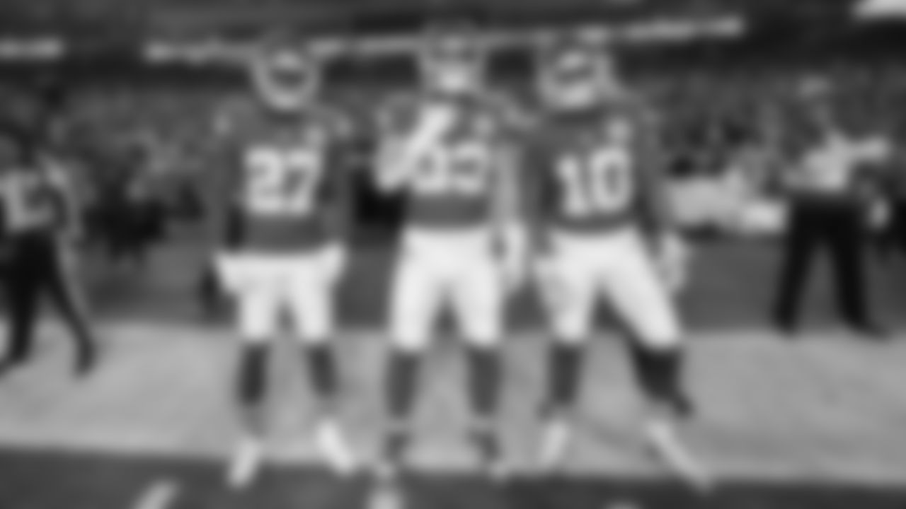 Kansas City Chiefs defensive back Chamarri Conner (27) Kansas City Chiefs middle linebacker Drue Tranquill (23) Kansas City Chiefs running back Isiah Pacheco (10) prior to the Week 14 NFL game against the Los Angeles Chargers on Sunday, December 8, 2024.