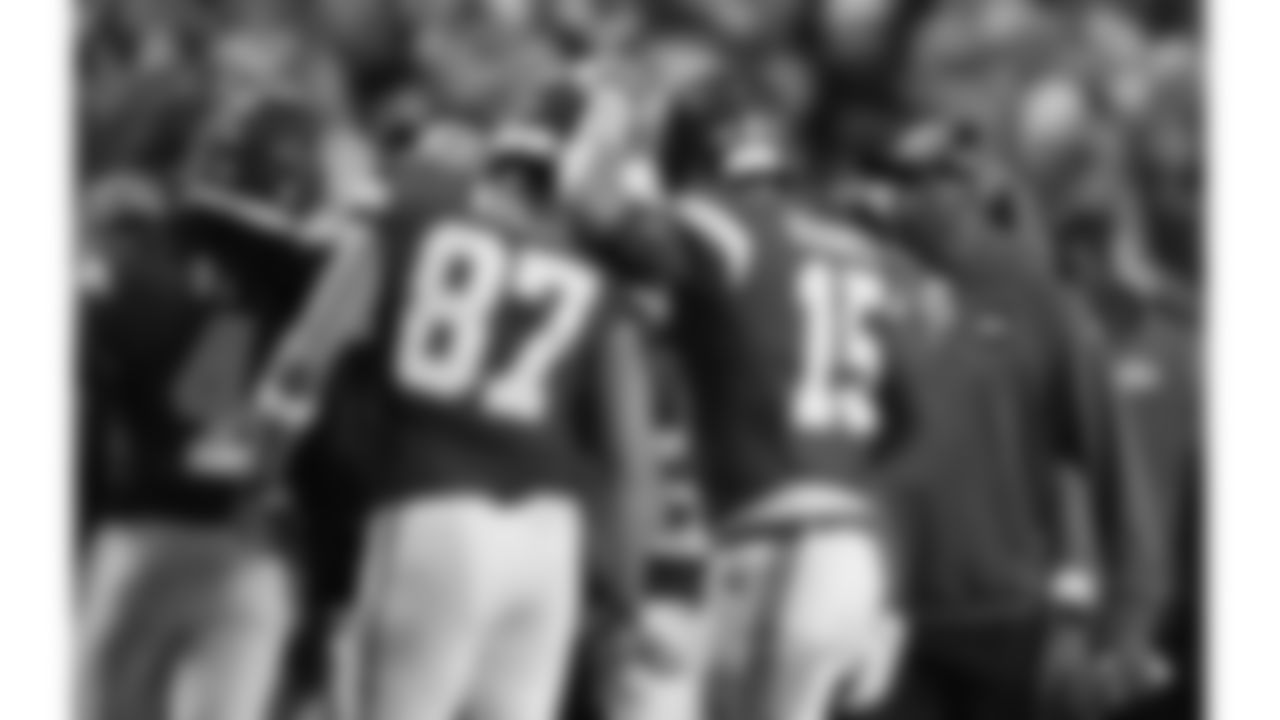 Kansas City Chiefs quarterback Patrick Mahomes (15), tight end Travis Kelce (87) and wide receiver Rashee Rice (4) in the huddle during a week 8 NFL Football game against the Washington Commanders on Monday, October 27, 2025 in Kansas City, MO.