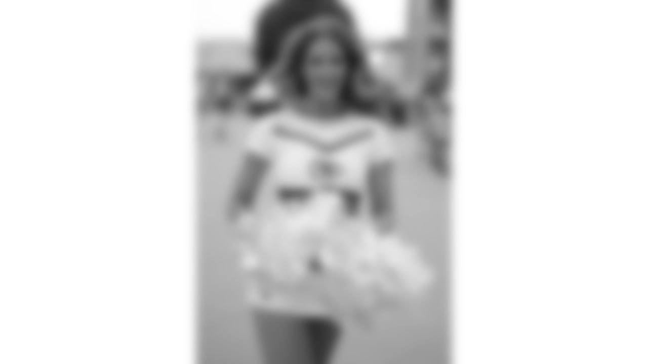 A Kansas City Chiefs Cheerleader prior to the week 6 NFL football game against the Detroit Lions, Sunday, October 12, 2025 in Kansas City, MO.