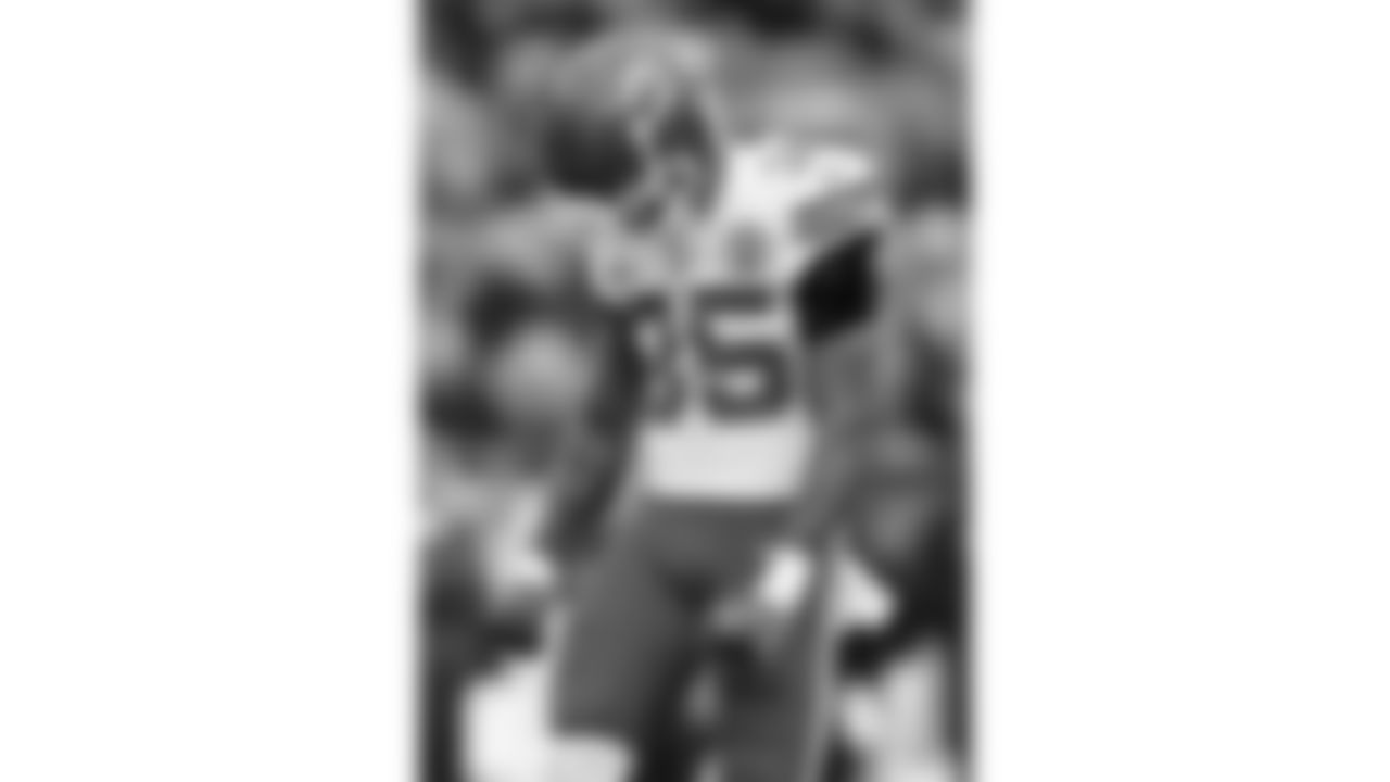 Kansas City Chiefs cornerback Jaylen Watson (35) celebrates a tackle during the NFL Week 15 matchup between the Kansas City Chiefs and the New England Patriots on December 17, 2023.