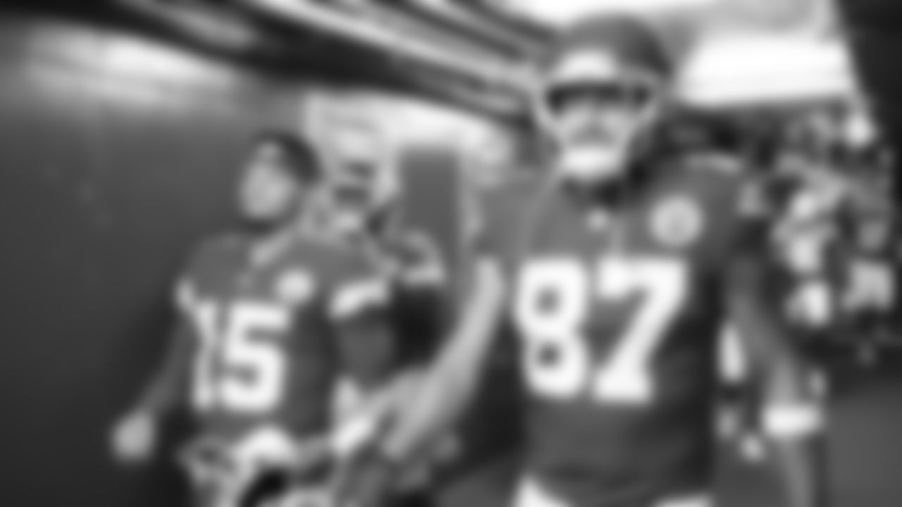 Quarterback Patrick Mahomes (15) and Kansas City Chiefs tight end Travis Kelce (87) in the tunnel prior to a week 6 NFL Football game against the Detroit Lions on Sunday, October 12, 2025 in Kansas City, MO.