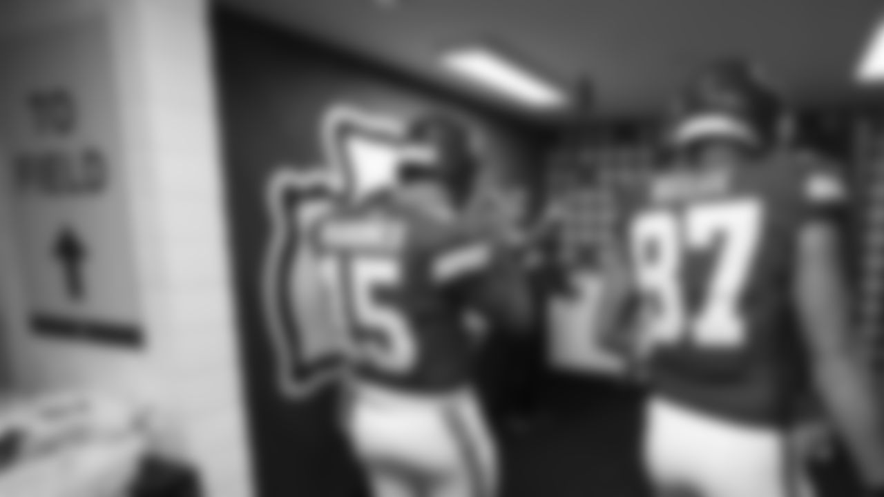 Kansas City Chiefs quarterback Patrick Mahomes (15) and tight end Travis Kelce (87) before the regular season Week 9 NFL Football Game on Sunday, November 5, 2023 at Deutsche Bank Park in Frankfurt, Germany.