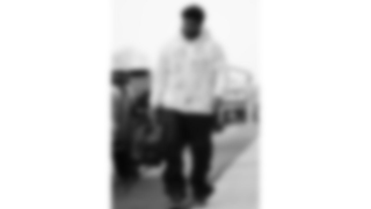 Kansas City Chiefs offensive lineman Jaylon Moore (77) arrives prior to a week 12 NFL Football game against the Indianapolis Colts on Sunday, November 23, 2025 in Kansas City, MO