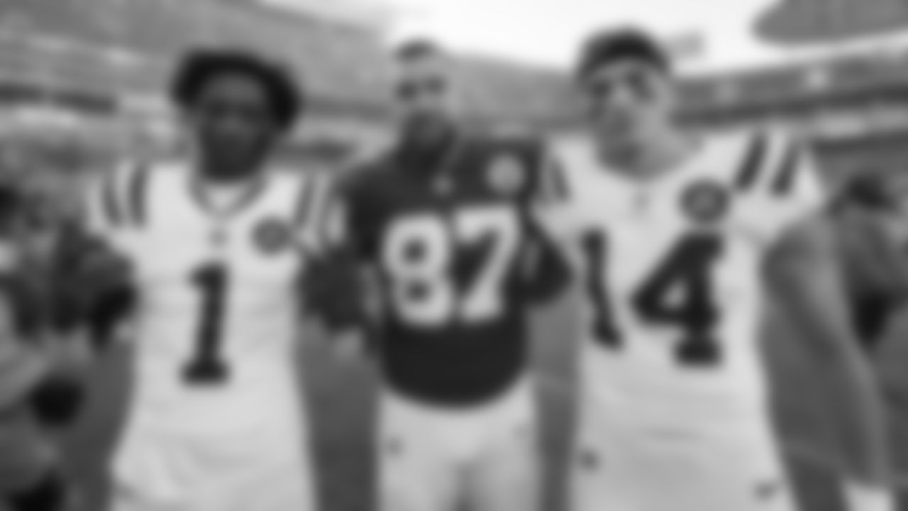 Kansas City Chiefs tight end Travis Kelce (87) poses for a picture with cornerback Sauce Garner (1) and Indianapolis Colts wide receiver Alec Pierce (14) after a week 12 NFL Football game against the Indianapolis Colts on Sunday, November 23, 2025 in Kansas City, MO