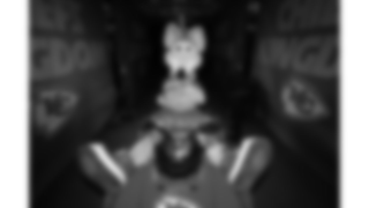 KC Wolf sits on his KC Wolfmobile in the tunnel prior to a week 15 NFL Football game against the Los Angeles Chargers on Sunday, December 14, 2025 in Kansas City, MO.