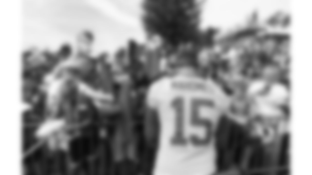 Kansas City Chiefs quarterback Patrick Mahomes (15) signs autographs after training camp on day 1 of practice, Tuesday July 22, 2025