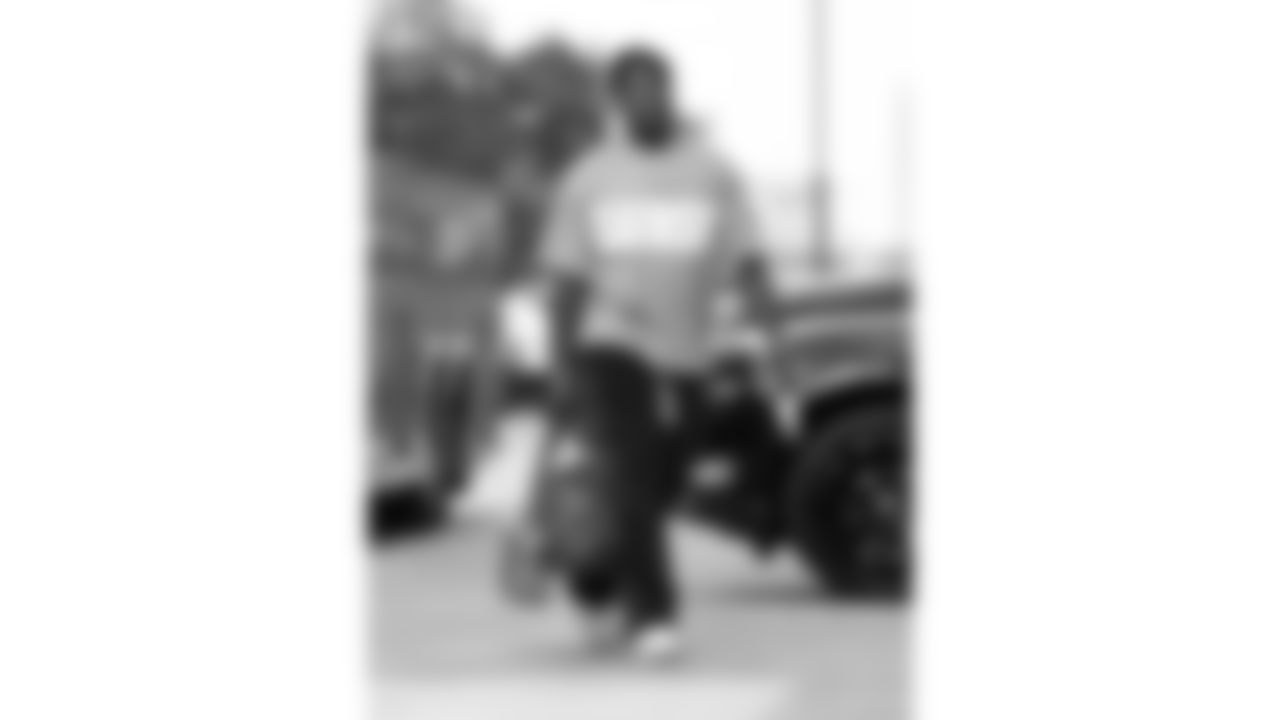 Kansas City Chiefs offensive tackle Wanya Morris (64) arrives prior to a week 5 NFL football game against the Jacksonville Jaguars, Monday, October 6, 2025, in Jacksonville, FL.