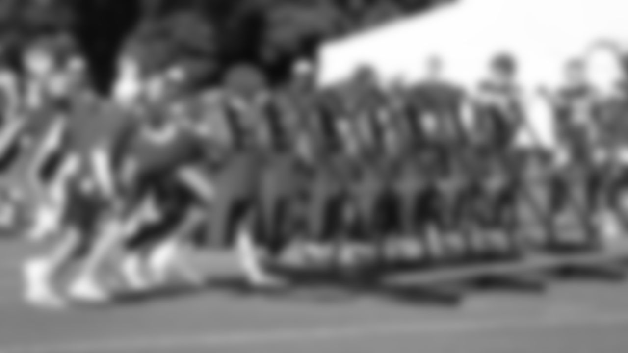 The Kansas City Chiefs offense pushing the 7 man sled during day 5 of training camp on Sunday July 27, 2025