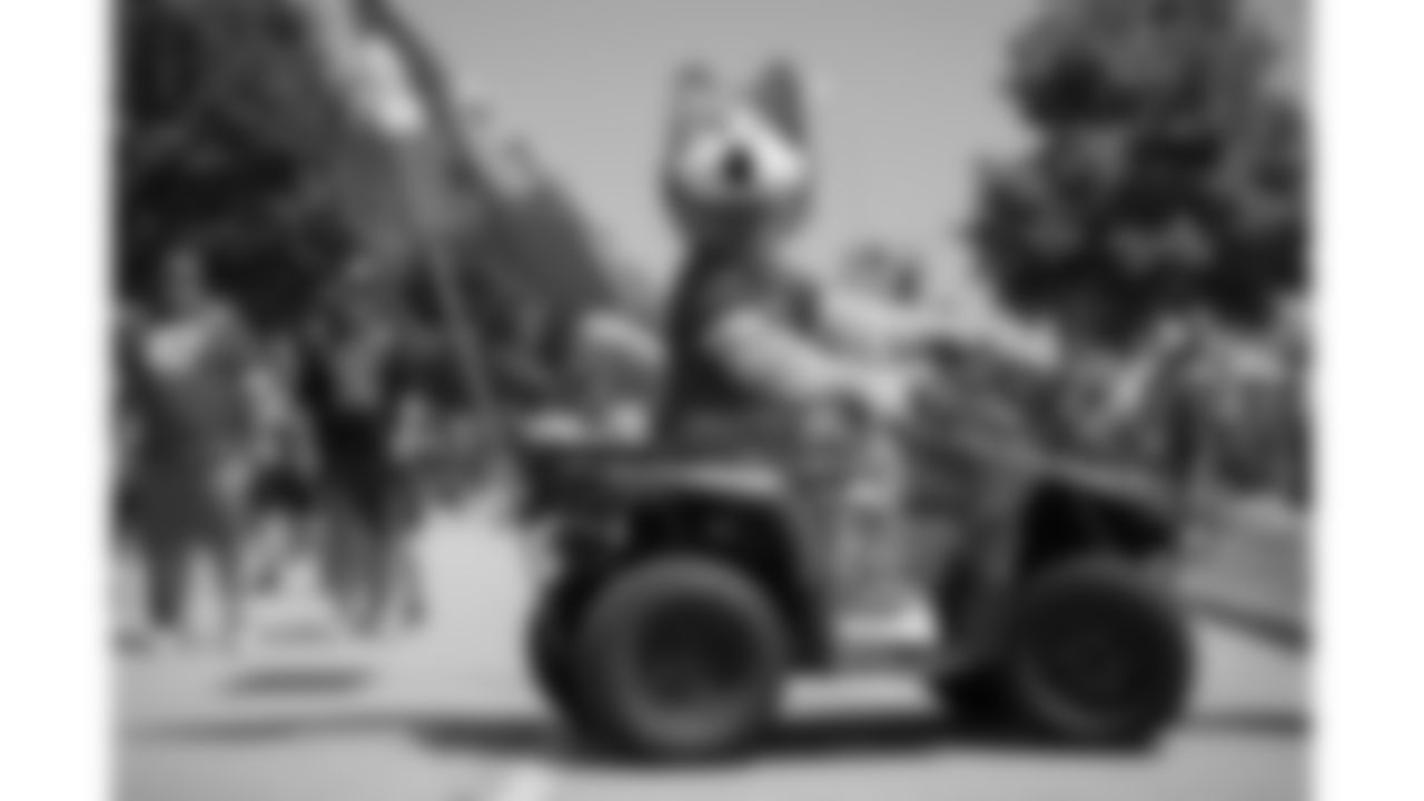 KC Wolf rides an ATV prior to an NFL Preseason Week 2 game between the Kansas City Chiefs and the Detroit Lions, Saturday, August 17, 2024