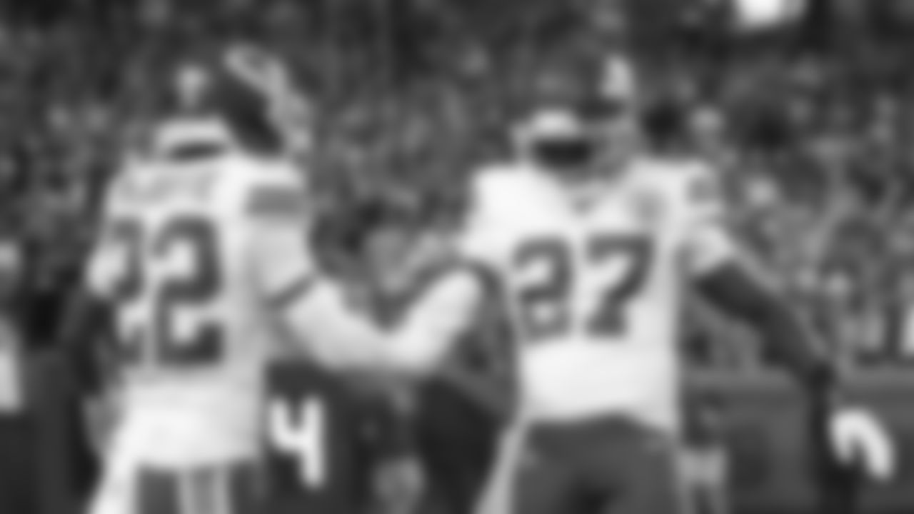 Kansas City Chiefs cornerback Trent McDuffie (22) and defensive back Chamarri Conner (27) celebrate during a week 11 NFL Football game against the Denver Broncos on Sunday, November 16, 2025 in Denver, Colorado.