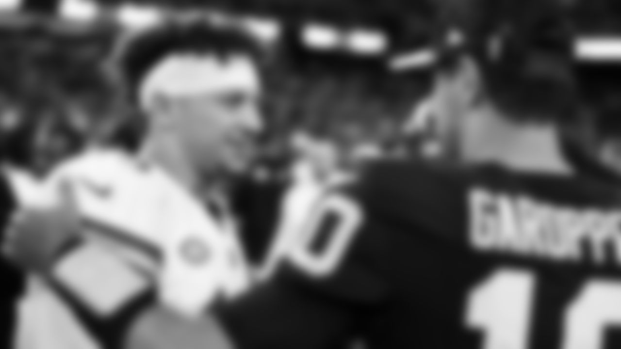 Kansas City Chiefs quarterback Patrick Mahomes (15) and Las Vegas Raiders quarterback Jimmy Garoppolo (10) following the regular season Week 12 NFL Football Game at Allegiant Stadium in Las Vegas, NV on Sunday, November 26, 2023.