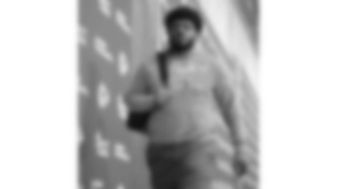 Kansas City Chiefs offensive lineman Jaylon Moore (77) arrives prior to an NFL week 17 matchup against the Denver Broncos, Thursday, December 25, 2025.