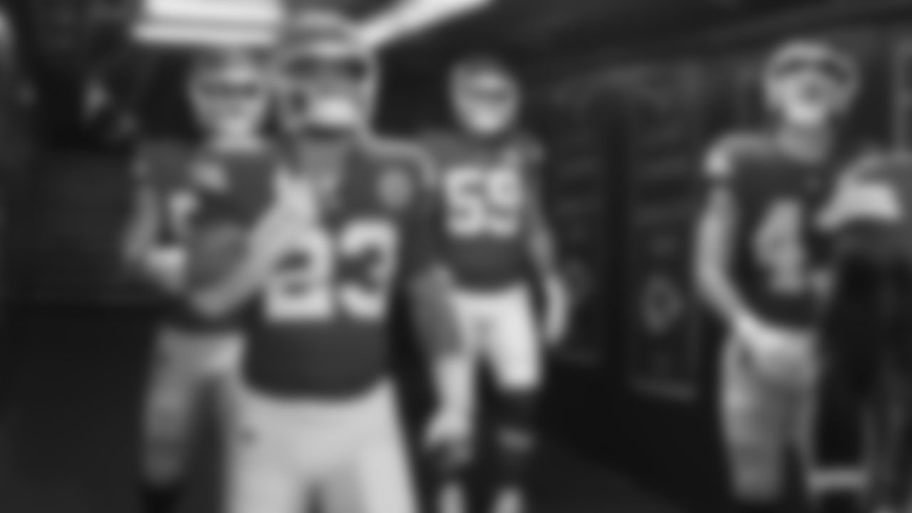 Linebacker Leo Chenal (54), linebacker Drue Tranquill (23), linebacker Cooper McDonald (59), and Kansas City Chiefs linebacker Jack Cochrane (43) in the 50 yard tunnel prior to a week 8 NFL Football game against the Washington Commanders on Monday, October 27, 2025 in Kansas City, MO.