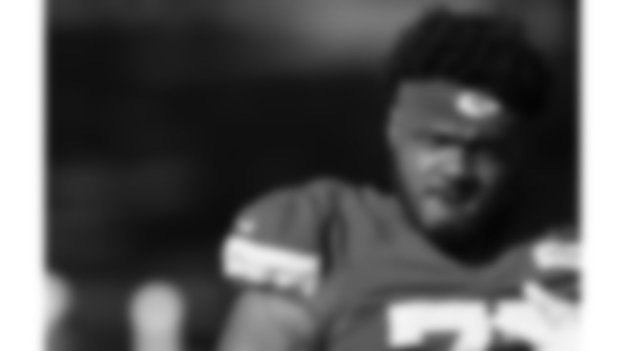 Kansas City Chiefs offensive lineJaylon Moore(77) during day 7 of training camp on Tuesday July 29, 2025