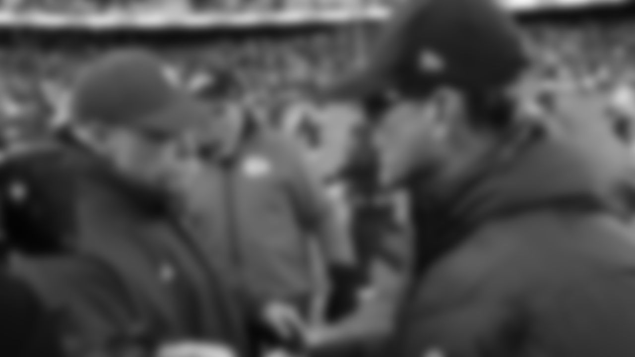 Kansas City Chiefs Head Coach Andy Reid shakes hands with San Diego Chargers head coach Jim Harbaugh after an NFL week 15 matchup against the Los Angeles Chargers, Sunday December 14, 2025.