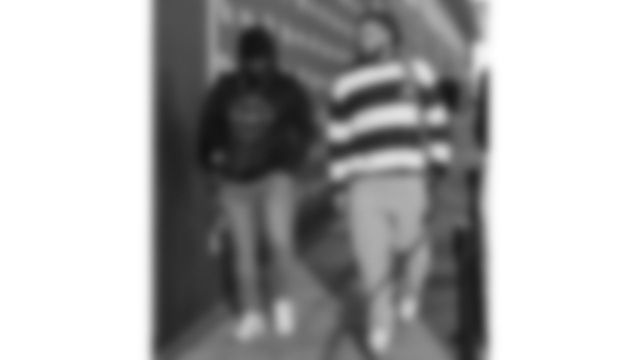 Defensive quality control Christopher Orr and Kansas City Chiefs defensive end Ashton Gillotte (97) arrives prior to a week 8 NFL Football game against the Washington Commanders on Monday, October 27, 2025 in Kansas City, MO.